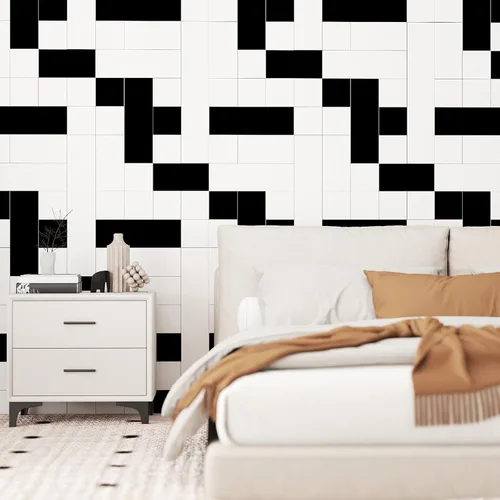 Miniatura 2 de Hopepak Papel tapiz de mosaico blanco y negro, moderno patrón de cuadrícula para despegar y pegar, decoración de pared extraíble, mural de vinilo