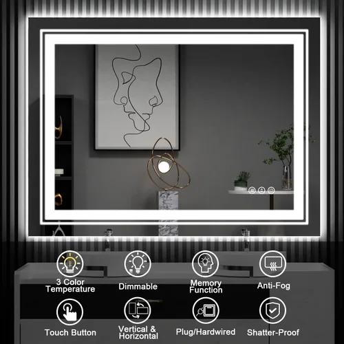 Miniatura 7 de Snowdool Espejo LED de baño, 60 x 36 pulgadas con parte delantera y retroiluminada, antivaho, espejo grande de tocador de baño para pared, función