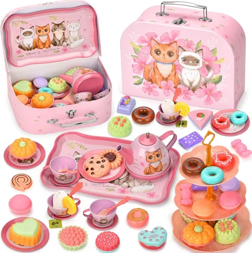 Lajeje Juego de fiesta de té de gato para niños pequeños y niñas de 3 a 6 años, juguete de simulación y regalo de cumpleaños, incluye juego de té de