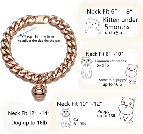 Miniatura 4 de Gargantilla ancha de acero inoxidable para gatos y perros y gatos, de oro rosa, ajustable, de 8 pulgadas, a prueba de mordidas, cadena de 1/2