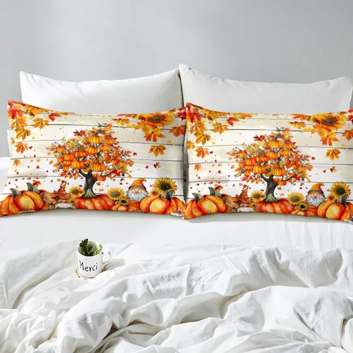 Miniatura 4 de Manfei Juego de sábanas de gnomos de otoño, tamaño individual, juego de ropa de cama de calabaza y girasol y hojas de arce para niños y niñas, juego