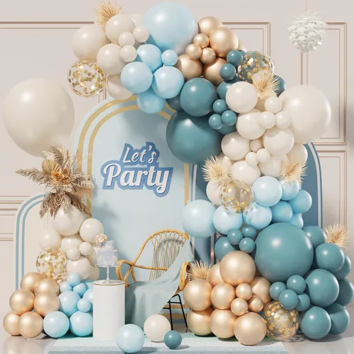 Kit de guirnalda de arco de globos de color azul bebé polvoriento, 155 unidades, con niebla de pizarra, azul bebé, arena, blanco, dorado metálico,