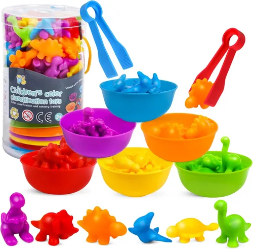 USATDD Juguetes de dinosaurios para contar con clasificación de colores, juegos de apilamiento con cuencos, actividades de aprendizaje preescolar
