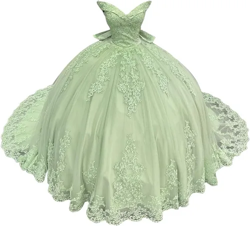 Youjiayi Vestidos de quinceañera con hombros descubiertos para mujer, vestido largo de tul con lazo de tul 2022, vestidos de baile de encaje para