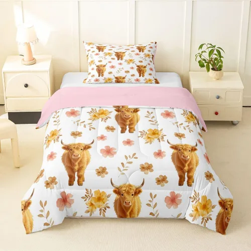 Miniatura 40 de Juego de ropa de cama de vaca de las tierras altas, edredón de ganado de las tierras altas, juego de edredón rosa floral de vaca occidental, juego