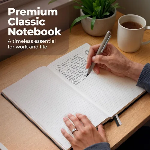 Miniatura 2 de Cuaderno clásico con líneas de 8.5x11" A4 tapa dura de cuero - Negro - 200 páginas con rayas universitarias grande con pestañas adhesivas, bolsillos