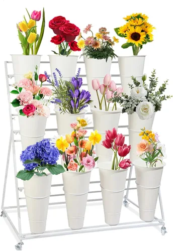 Miniatura 8 de Soporte de exhibición de flores con cubos, soporte de metal para plantas de 3 capas con ruedas, estante móvil para ramo de floristería para tienda