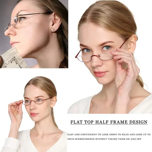 Miniatura 2 de Viseng Gafas de lectura de medio marco para mujer y hombre, lentes de media luna delgadas, lectores de metal con montura semi desmontable +1.0