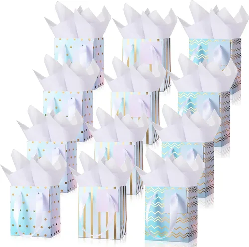 Miniatura 28 de Tenare 12 bolsas de regalo pequeñas, mini bolsa de papel metálica a granel con asa de papel de seda para envoltura de regalo, día del padre, Blanco