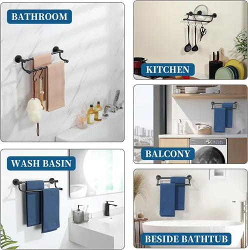 Miniatura 8 de Alise Toallero doble, toallero de 16 pulgadas para baño, soporte de toalla de montaje en pared, toallero de secado rápido, toallero de acero Negro