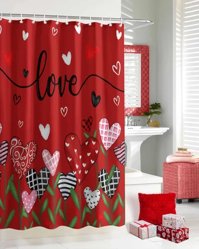 Miniatura 7 de Cortinas de ducha feliz día de San Valentín para baño gnomos, cortina de ducha de tela con ganchos, juego de cortina de ducha con corazones