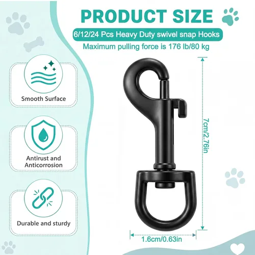 Miniatura 2 de Therwen 24 ganchos giratorios de acero inoxidable para correa de perro, llavero, correa de cámara, multiusos de 2.76 pulgadas (negro, 0.109 in)