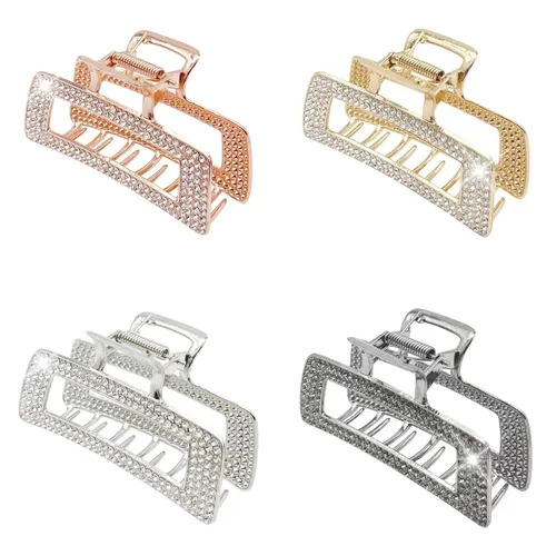 WORTL Pinzas grandes de metal cuadradas de 3.5 pulgadas, paquete de 4 abrazaderas de pelo de diamantes de imitación para mujeres y más delgadas,