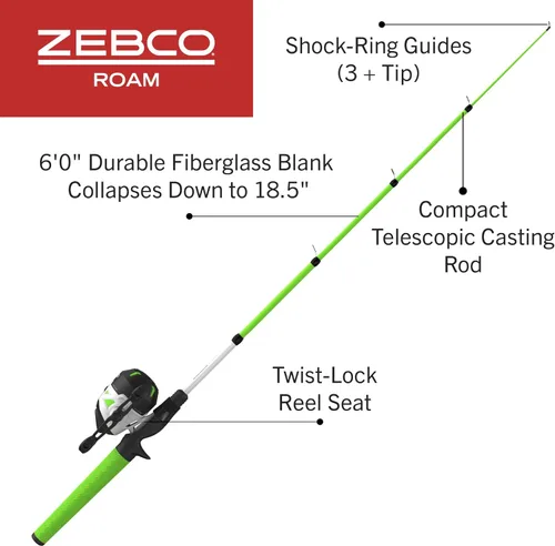 Miniatura 2 de Zebco Roam - Combo de caña de pescar telescópica y carrete de pesca giratorio o spincast, caña de fibra de vidrio duradera de 6 pies con mango