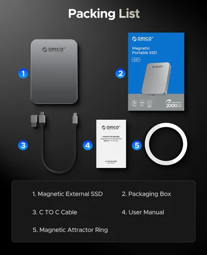 Miniatura 8 de ORICO 256GB SSD Magnético Portátil, Cuerpo de Metal, Grabación y Almacenamiento ProRes HDR de 4K 120 fps, Hasta 460MB/s, Cable USB C&A 2 en 1, SSD