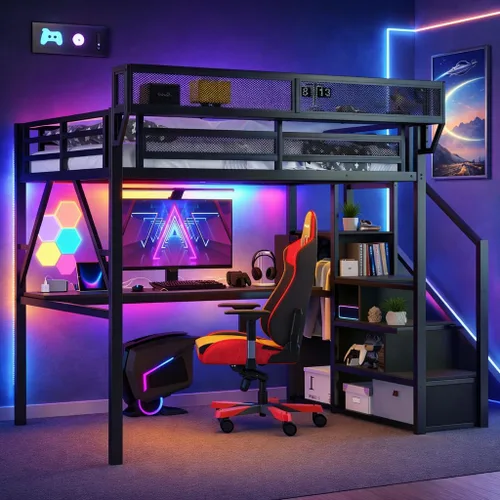 Miniatura 16 de Base de cama Queen Loft con escaleras y almacenamiento, marco de cama de metal resistente, capacidad de 800 libras, para adultos y adolescentes