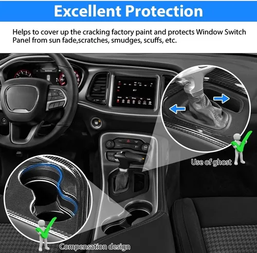 Miniatura 5 de Karltys Cubierta de panel de palanca de cambios para Dodge Challenger 2015-2024 2025+ + consola central de fibra de carbono, panel de palanca