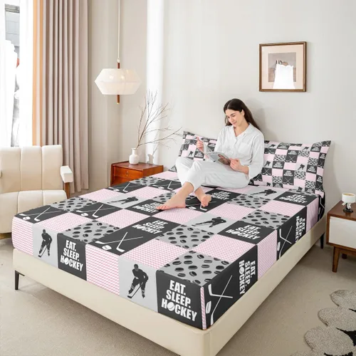 Miniatura 5 de Sábana bajera ajustable de hockey sobre hielo, tamaño individual, para adolescentes y niñas, juego de ropa de cama de hockey para decoración de sala