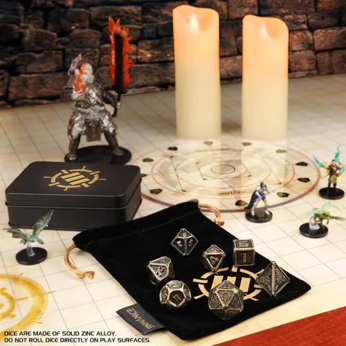 Miniatura 6 de ENHANCE DND - Juego de dados de metal, 7 dados poliédricos con estuche de almacenamiento y bolsa con cordón, juego de metal sólido para Calabozos