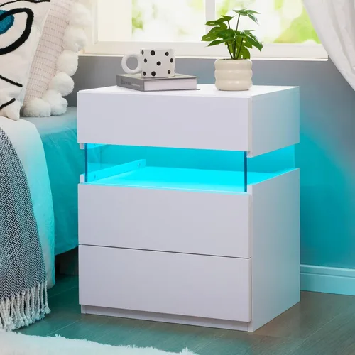 Miniatura 13 de Bingoday Moderna mesita de noche LED con 3 cajones, mesita de noche con luces LED ajustables, mesa auxiliar de almacenamiento grande para Blanco