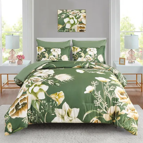 Miniatura 29 de Luxudecor Juego de edredón floral tamaño King de 7 piezas, cama de flores azul marino en una bolsa, elegante edredón floral con juego de sábanas