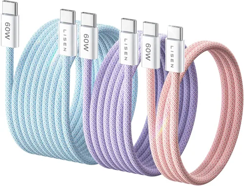 Miniatura 30 de LISEN Cable USB C a USB C, paquete de 5 [3.3/3.3/6.6/6.6/10 pies] para iPhone 17, cable C a C de carga rápida para iPad, iPhone 16 15 Pro Max, Negro