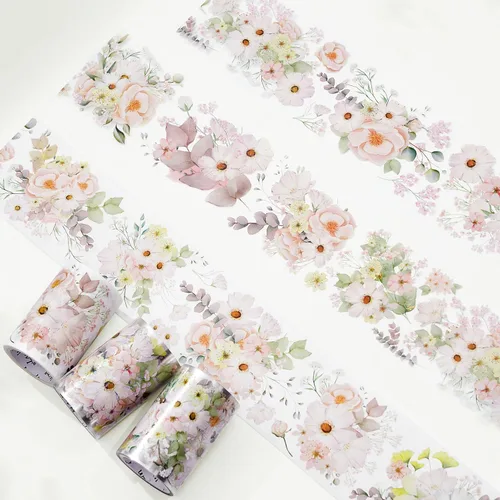Miniatura 3 de WT Cinta de PET ancha rubor, rollo individual, diseños originales, cinta decorativa floral rosa acuarela, adhesivo transparente para diario, álbumes