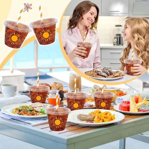 Miniatura 7 de Whaline 100 vasos de plástico desechables estilo bohemio de 9 onzas con tapas y pajitas, lindos vasos de bebida fría con sol amarillo para café