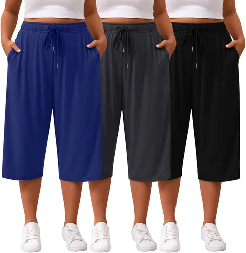 Miniatura 8 de Paquete de 3 pantalones capri de talla grande para mujer, ajuste holgado, pierna ancha, pantalones recortados para yoga, descanso, entrenamiento