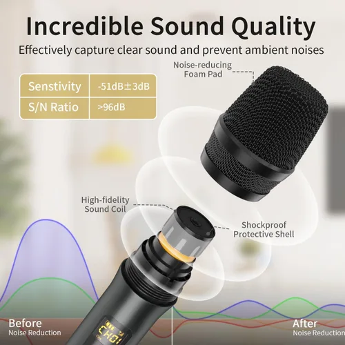 Miniatura 3 de Micrófono inalámbrico, sistema de micrófono dinámico inalámbrico de metal dual UHF de mano con receptor recargable, rango de 200 pies, para karaoke