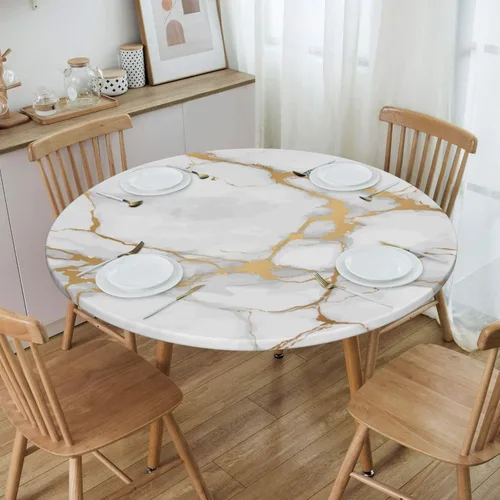 Miniatura 3 de Mantel para mesa redonda con estampado de mármol blanco, borde elástico, ajustado, impermeable, para mesas de interior y exterior, para comedor