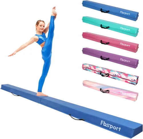 FBSPORT Viga de Equilibrio de 8/10 Pies: Equipo de Gimnasia de Piso Plegable de Cuero PU para Niños y Adultos, Base de Goma Antideslizante, Viga de