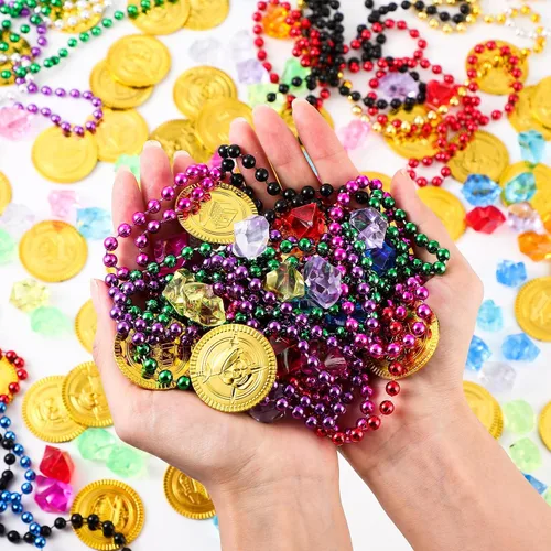 Miniatura 5 de Crowye Juego de 180 monedas falsas del tesoro pirata, gemas de plástico y collar de cuentas, juego de joyas para piratas aventuras, carnaval