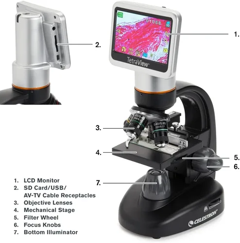 Miniatura 9 de Celestron – Microscopio digital LCD TetraView – Pantalla de 4.3" – Cámara de 5MP – Aumento de 40x–1600x – Cabezal giratorio – Tarjeta SD incluida
