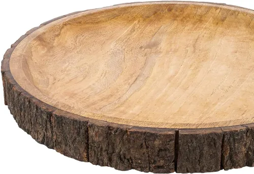 Miniatura 3 de GoCraft - Plato redondo de madera para servir con corteza de árbol en los bordes, plato de pizza de madera de mango, tabla para servir, plato