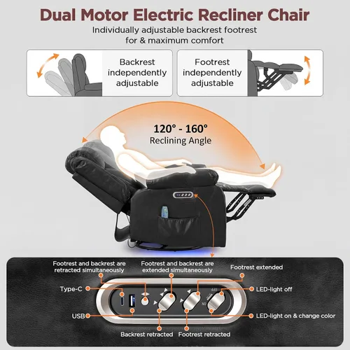 Miniatura 3 de Silla reclinable giratoria eléctrica con motor doble, sillón reclinable eléctrico con masaje por vibración y calor, luz LED, silla reclinable