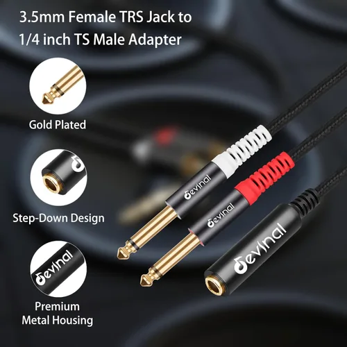 Miniatura 2 de TRS a Dual TS Breakout Cable - Adaptador estéreo hembra de 1/4 pulgadas a doble macho TS de 0.250 in y hembra de 0.250 in a divisor mono Y de 2 x