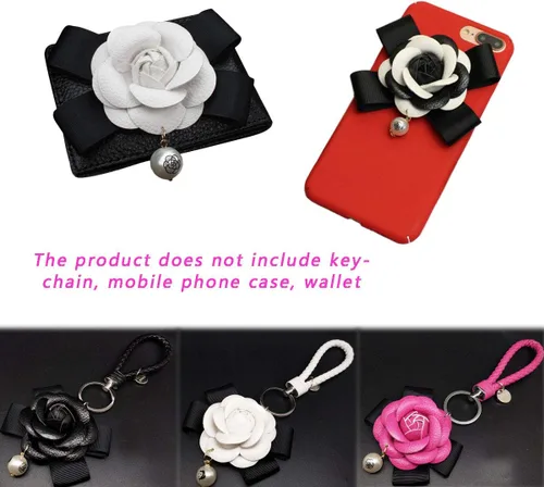 Miniatura 2 de AKOAK Adorno de flor de camelia de piel sintética para llavero bolso e interior del coche (negro/blanco)