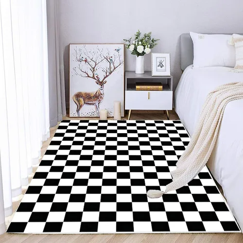 Miniatura 11 de Alfombra a cuadros de 2 x 3 pies, alfombra negra y blanca moderna para entrada interior, alfombra pequeña lavable a cuadros para baño, alfombra