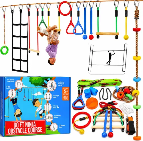 Miniatura 7 de Hyponix - Carrera de obstáculos Ninja Warrior para niños, línea floja de 2 x 50 pies con 10 obstáculos ninja al aire libre, soporta 880 libras - Red
