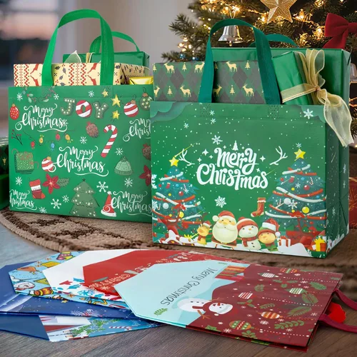 Miniatura 3 de Iioscre 8 piezas bolsas grandes de regalo de Navidad con asas, bolsas reutilizables no tejidas para regalos navideños, 12.8 x 9.8 x 6.7 pulgadas