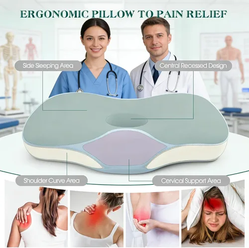 Miniatura 3 de Almohada cervical para soporte de cuello y hombros, almohadas ergonómicas de contorno de espuma viscoelástica con doble altura ajustable y funda Azul