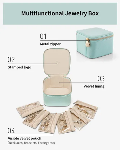 Miniatura 4 de Vlando Joyero de viaje, estuche de viaje para joyería con 6 bolsillos de terciopelo con cremallera, organizador de joyas de viaje para anillos