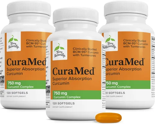 Terry Naturally CuraMed 750 mg Complejo de curcumina – 120 cápsulas blandas, paquete de 3 – Absorción superior BCM-95 – Sin OMG, sin gluten, Halal –
