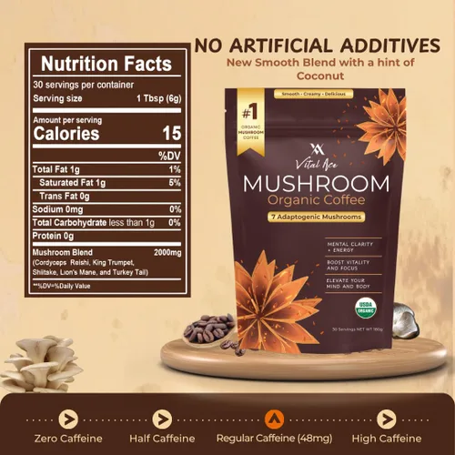 Miniatura 2 de Café en polvo orgánico de hongos con melena de león y 7 adaptógenos – Mejor energía, enfoque, inmunidad y salud intestinal – Mezcla de café