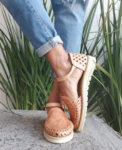 Miniatura 2 de Macarena Collection Sandalias Huarache para mujer sandalias de cuero colorido estilo mexicano color tostado girasol troquelado 040 Beige Bronceado