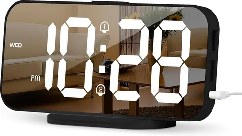 Reloj despertador digital delgado ALANAS para dormitorios, alarmas duales con repetición, superficie de espejo, atenuador de 4 niveles y 2 puertos