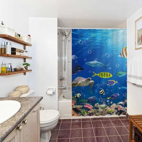 Miniatura 5 de Allenjoy Cortina de ducha de 72 x 72 pulgadas, diseño de pez oceánico, tortuga tropical, tiburón, para decoración de baño, lavable a máquina