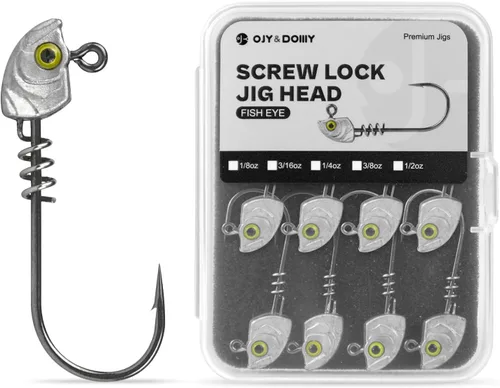 Paquete de 15 cabezas de plantilla de cebo con bloqueo de tornillo – 3D Chartreuse Eyes 1/8 3/16 1/4 3/8 1/2 oz, 3/0 y 4/0 anzuelos de pesca Crudo