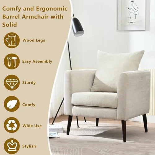 Miniatura 6 de Setawix Silla decorativa de barril, sillón tapizado de chenilla, silla redonda moderna de mediados de siglo, cómoda silla con brazo de barril